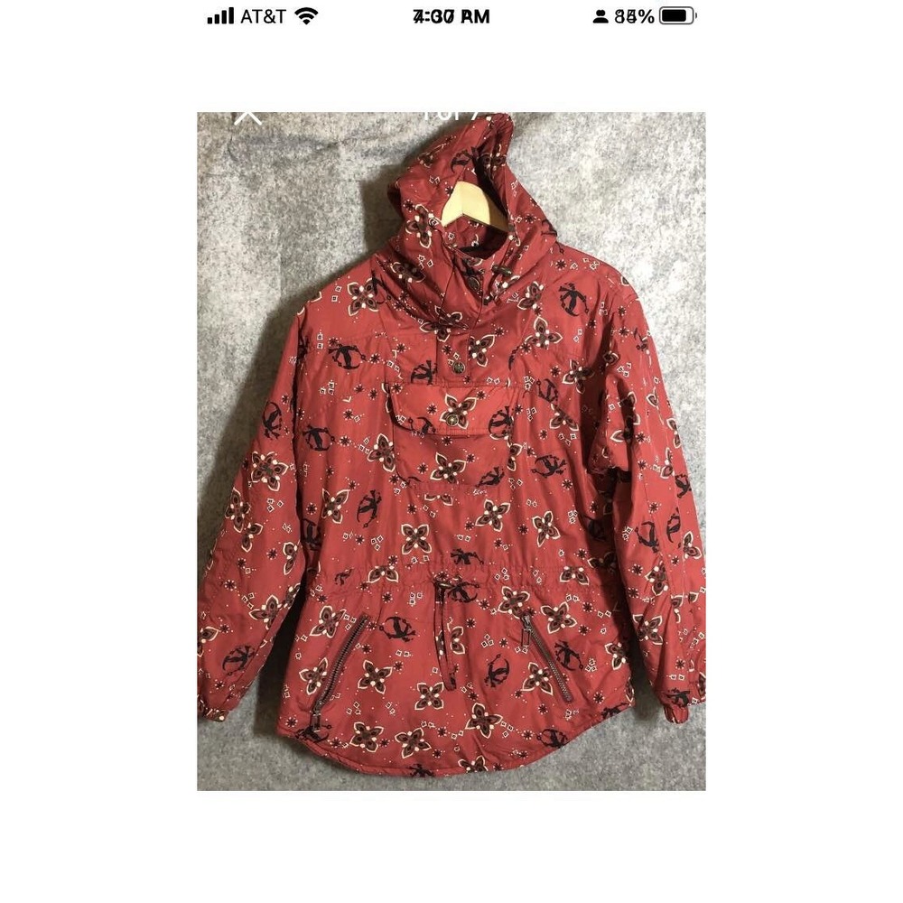 Vintage L.L.Bean Jacket Womens Small Red Hooded Anorak Skier Snow Print 90s